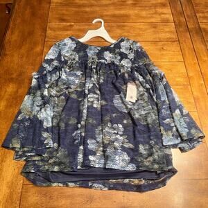 Time and Tru Printed Lace Peasant Top New Wi Tags Womens L Blue 35.0=R9